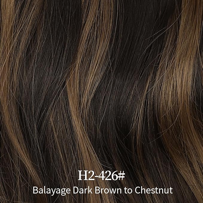 KooKaStyle Invisible Wire Hair Extensions with Transparent Headband Adjustable Size 4 Secure Clips Long Wavy Highlight Hairpiece 20 Inch H2/426alayage Dark Brown to Chestnut for Women