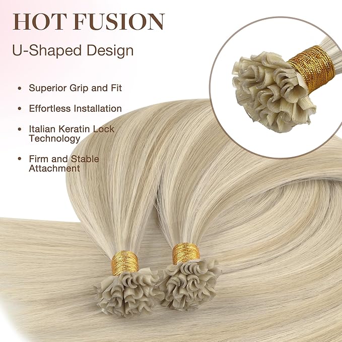 GOO GOO U Tip Hair Extensions - Real Human Hair, 18inch 50g 50S, Hot Fusion, Invisible Remy, Ash Blonde Highlighted Platinum Blonde