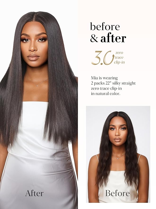 LUVME 0.59mm Zero Trace Invisible Clip in Hair Extensions, Yaki Straight 2 Pack 7 Pcs 100g 20 Inch, 100% Real Human Hair Clip Ins, Multi Piece Set for Styling, Full Look for Everyday Wear