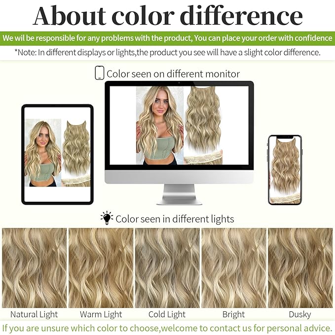 KooKaStyle Invisible Wire Hair Extensions with Transparent Wire Adjustable Size 4 Secure Clips Long Wavy Curly Secret Synthetic Hairpieces(20 Inch,Dark Ash Blonde mix Light Blonde Highlights)