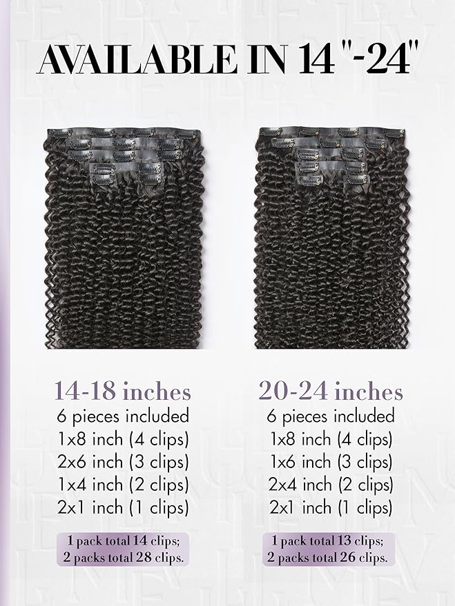 LUVME Invisible Clip ins Hair Extensions Deep Kinky Curly Real Human Hair Remy Hair Clip ins for Women, Natural Human Hair, 18 inch 110g 6Pcs, Natural Black