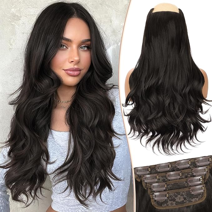 Kookastyle Clip in Hair Extensions, Natural Long Layered Soft Invisible Synthetic Curly Hairpieces for Women,4 pcs(20 Inch,Dark Brown)