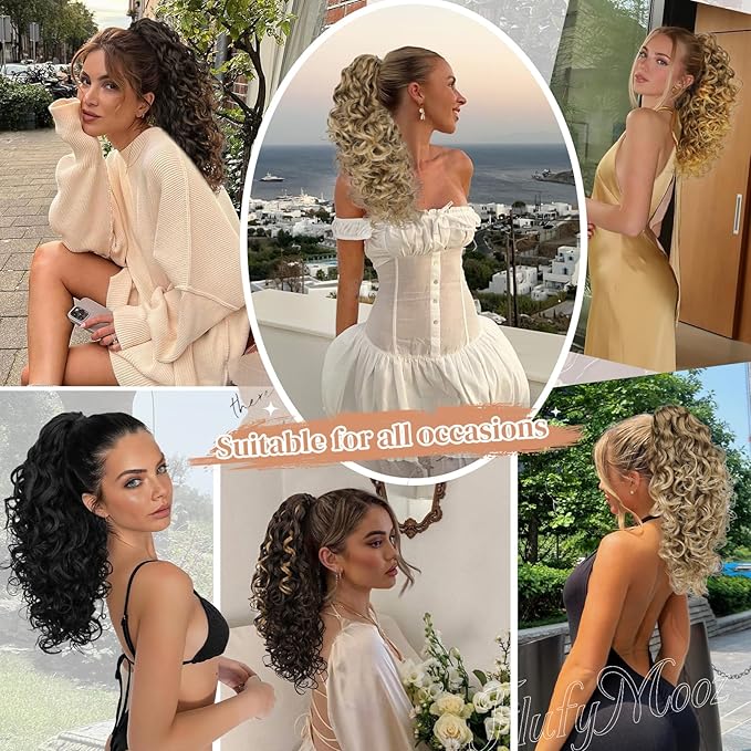 Flufymooz 100％ Pure Protein Ponytail Extension, 18 Inch Curly Claw Clip Ponytail Hair Extensions Natural Soft pony tail hairpiece for women-Dark Blonde