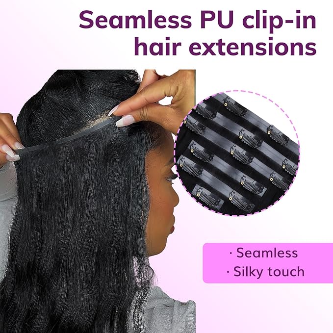 IDN BEAUTY Seamless Clip In Hair Extensions Human Hair, Yaki Straight 24 Inch 150g 9pcs Natural Black Remy Virgin Human Hair Seamless Clip Ins For Black Women PU Weft Invisible Edge