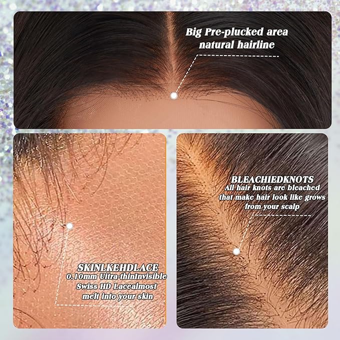NESMON 13x6 Full Frontal Real SKINLIKE HD Lace Wig, 0.10mm Ultra-thin Invisible HD Lace 200% Density Pre-Plucked Hairline Bleached Tiny Knots Swiss Lace Front Wigs Human Hair 28 Inch