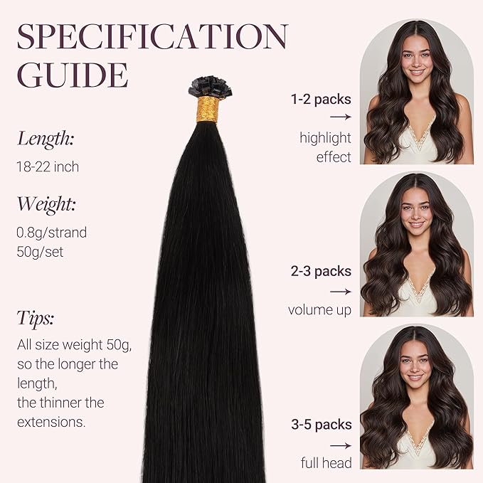 GOO GOO Mini Flat Tip Hair Extensions K Tip, Invisible Hot Fusion Human Hair Extensions, 20inch 50g 63S, 1 Jet Black