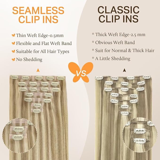 DOORES Hair Extensions Seamless Clip in Real Human Hair, Light Blonde Highlighted Golden Blonde 18 Inch 110g 7pcs, Human Hair Extensions Skin Weft Remy Straight Hair Invisi Edge Hair Extensions