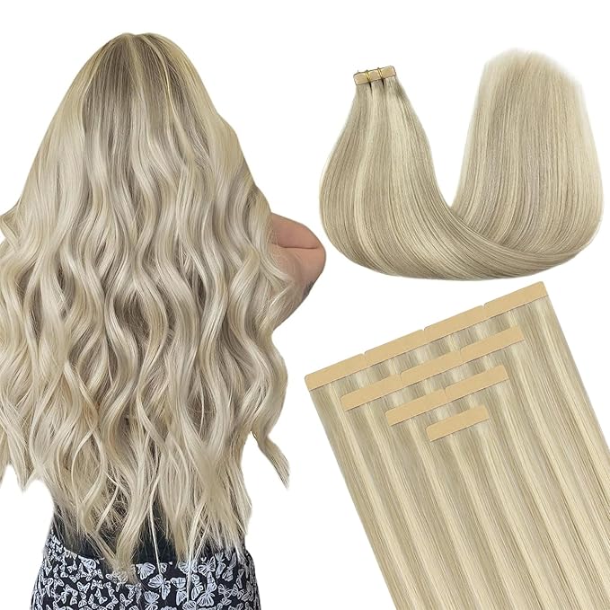 DOORES Tape in Hair Extensions Real Human Hair, Ash Blonde Highlighted Platinum Blonde 16 Inch 25g 10pcs, Human Hair Extensions Natural Straight Hair