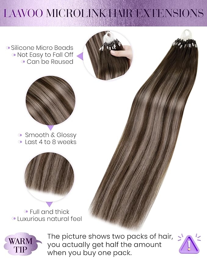 LaaVoo Microlink Hair Extensions Human Hair Brown Micro Beads Hair Extensions Balayage Dark Brown to Ash Brown Mix Brown Micro Hair Extensions Human Hair 14 Inch 50g 50s