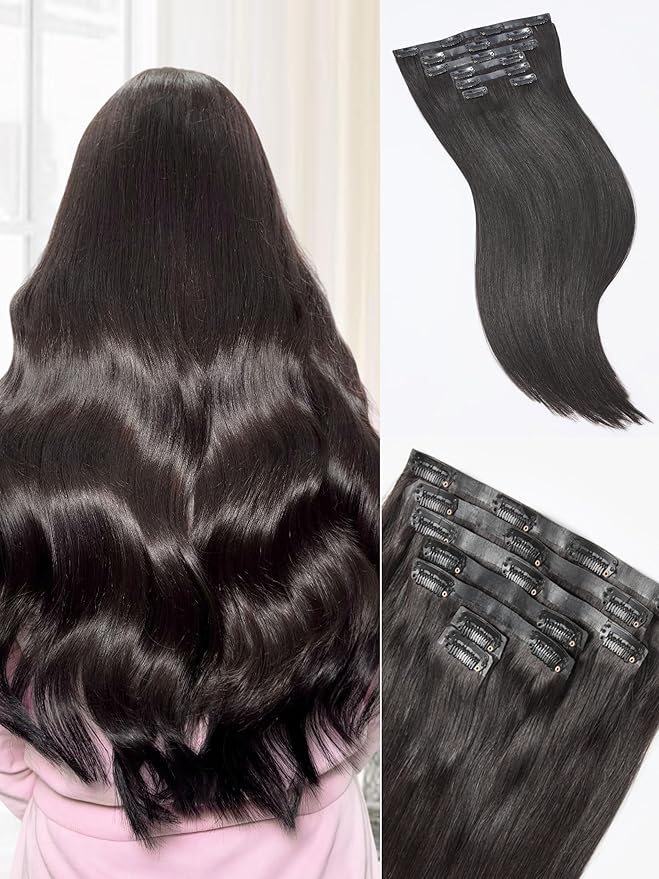 LUVME Straight Seamless 110g 7Pcs Clip in Hair Extensions Full Max with 24inch Remy Human Hair Extensions, Natural Black 100% Real Soft Human Hair