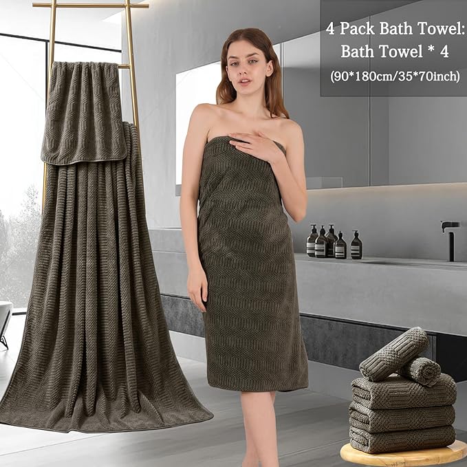 Ycosy 4 Pack Extra Large Microfiber Bath Towels Set,35x70 inches,600GSM,Less Lint Highly Absorbent Super Soft & Quick Dry,Oversized Bath Towels,Perfect for Bathroom Gym Pool,Brown