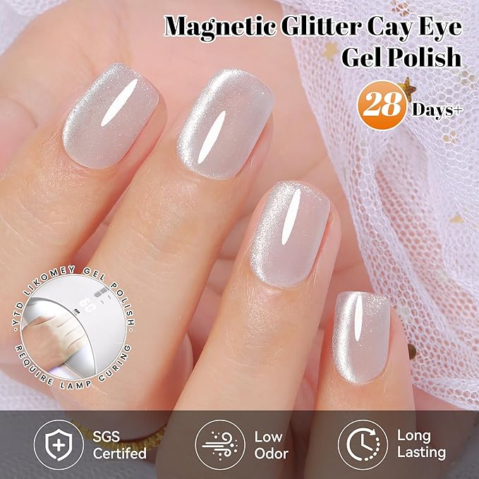 YTD Likomey Cat Eye Gel Nail Polish,Crystal 15ml Bright Silver Magnetic Shimmer Shimmer Glitter Translucent Shiny Fall Winter Salon Home UV Nail Varnish with Magnet Stick,HEMA Free TPO Free,MY518