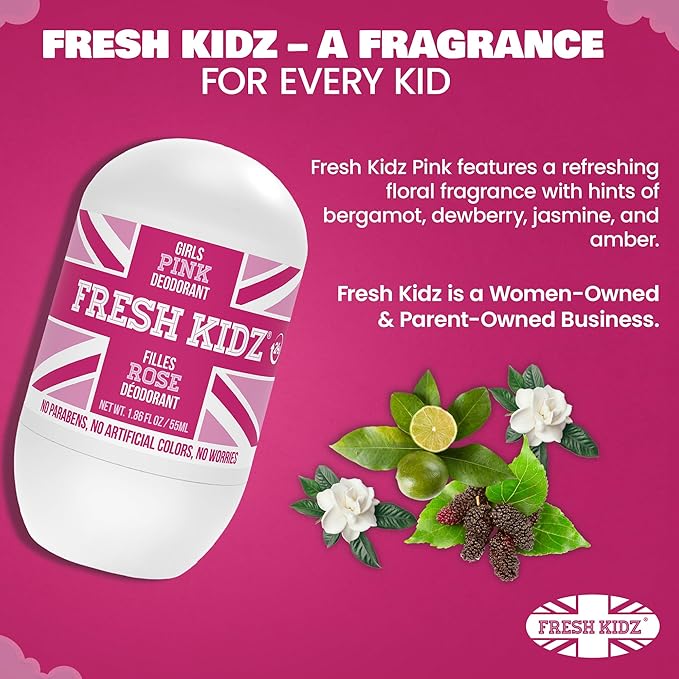 Fresh Kidz Roll On Deodorant for Kids and Teens - Baking Soda and Aluminum-free 24 Hour Protection for Sensitive Skin - Girls "Pink" 1.86 fl.oz. (2 Pack)