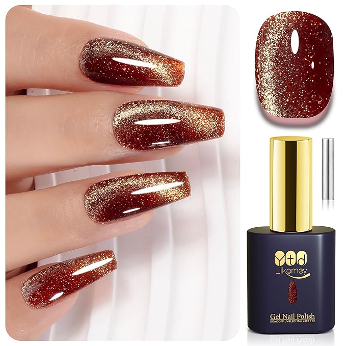 YTD Likomey Platinum Cat Eye Gel Nail Polish,15ml Brown Magnetic Reflective Flash Sparkle Glitter Shiny Salon Home Fall Winter Fall Winter UV Color Varnish with Magnet Stick,HEMA Free TPO Free,MY511