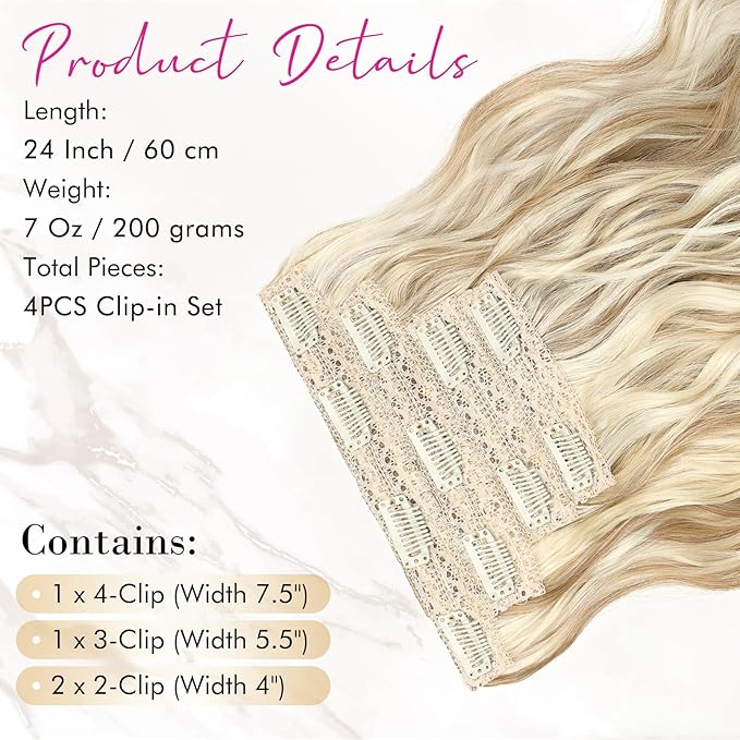 REECHO Clip in Hair Extensions, 4PCS Hair Extensions 24" Thick Long Beach Waves hair extensions HE003 Invisible Lace Weft Natural Soft Hairpieces for Women (Honey Blonde with Highlights)