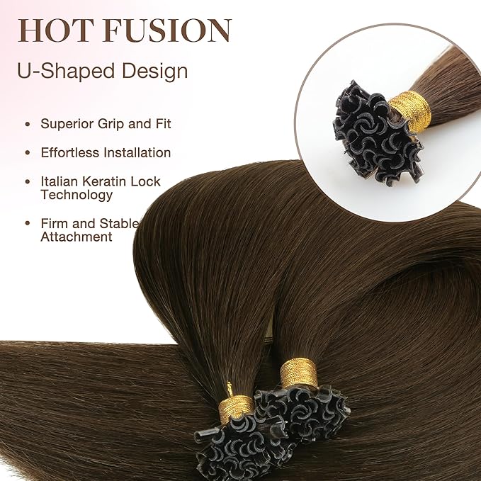 GOO GOO U Tip Hair Extensions Real Human Hair, 16inch 50g 50S, Hot Fusion U Tip Hair Extensions, 4A Chocolate Brown