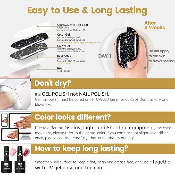 YTD Likomey Gel Nail Polish,15ml Sparkling Colorful Chunky Black Glitter Gel,Shiny Fall Winter Salon Home DIY Soak Off UV Manicure and Pedicure Varnish,CS024