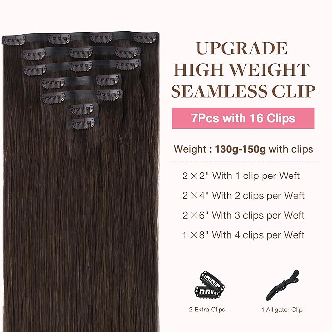 GOO GOO Clip in Hair Extensions Real Human Hair, Remy Human Hair Extensions Clip ins for Women, Natural Human Hair, 20inch 150g 7Pcs, 2A Light Brown