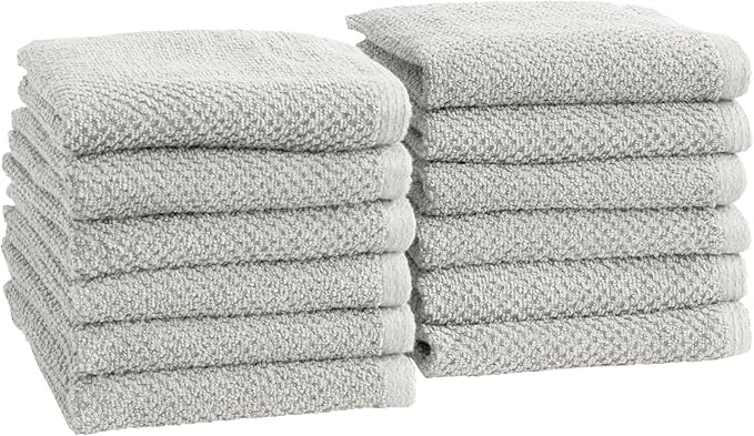 Great Bay Home 100% Cotton 12-Pack 13x13 Wash Cloth - Absorbent, Quick-Drying, Durable Face Towels for Bathroom Decor - Low-Twist, Two-Ply Fibers (Light Grey)