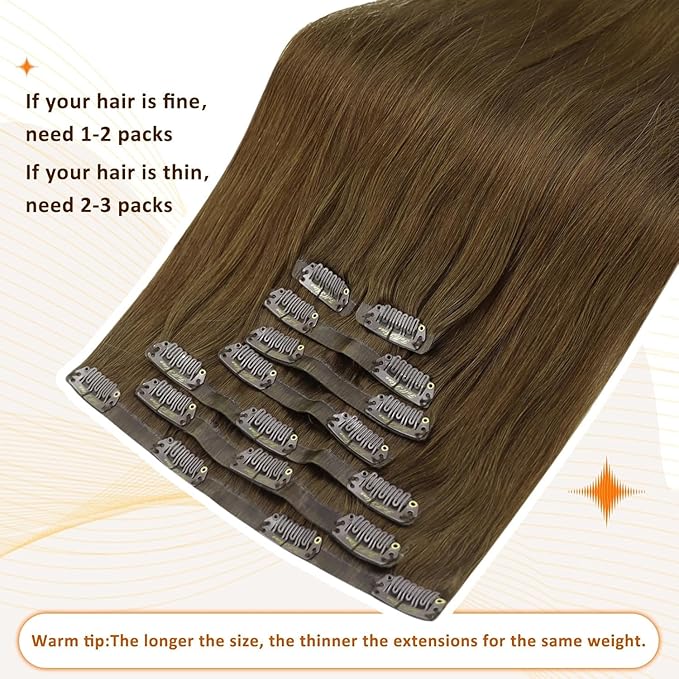 Full Shine Brown Clip in Human Hair Extensions 18 Inch Seamless Clip in Hair Extensions,Pu Weft Medium Brown Real Human Hair Clip in Extensions Straight Brazilian Hair 8 Pcs 120G