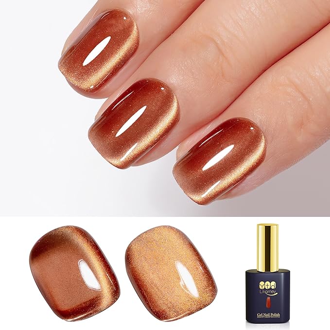 YTD Likomey High Shine Glass Cat Eye Gel Nail Polish,15ml Gold Brown Magnetic Holographic Glitter Translucent Jelly Salon Home Fall Winter UV Color Varnish with Magnet Stick,HEMA Free TPO Free,MY506