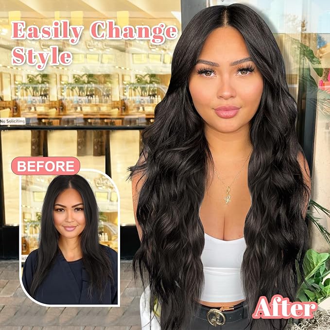ALXNAN Clip in Long Wavy Synthetic Hair Extension 24 Inch Natural Black 4PCS Thick Hairpieces Fiber Double Weft Hair for Women