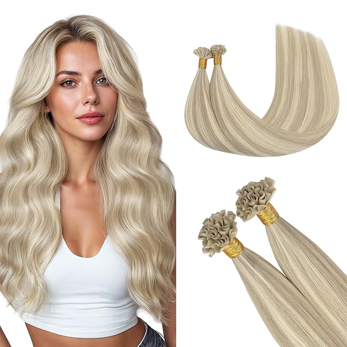 GOO GOO U Tip Hair Extensions - Real Human Hair, 14inch 50g 50S, Hot Fusion, Invisible Remy, 17A/60A Ash Blonde Highlighted Platinum Blonde