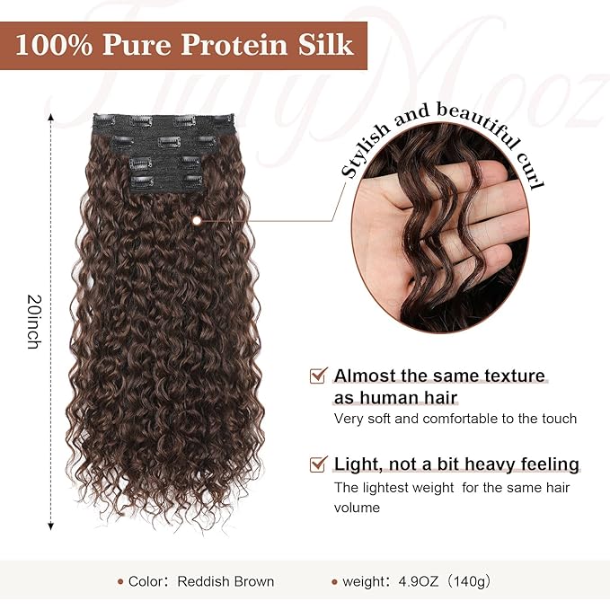 Clip in Hair Extensions, FLUFYMOOZ 4PC 100％ Pure Protein Silk Hair Extensions Long Soft Natural Hairpiece 20 Inch Curly Hair Extension for Women (Reddish Brown)