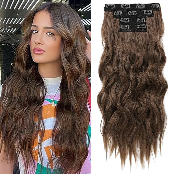 REECHO Clip in Hair Extensions, 4PCS Blonde Hair Extensions 24" Thick Long Beach Waves hair extensions HE003 Invisible Lace Weft Natural Soft Hairpieces for Women – Medium Brown