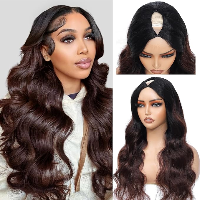 Ombre V Part Wig Human Hair Body Wave Brown Wig Upgrade U Part Human Hair Wig with Clips Glueless Wigs Human Hair Clip in Half Wigs No Leave Out Highlight Wig Human Hair 180% Density 30 inch