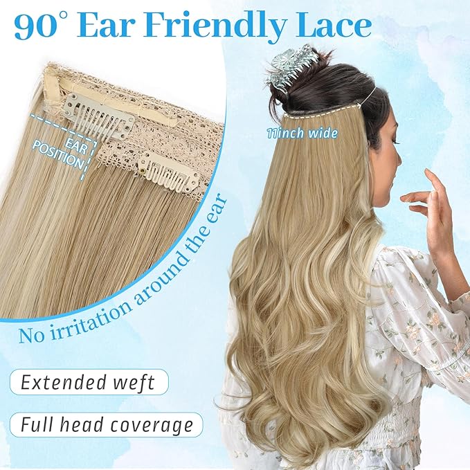 KooKaStyle Invisible Wire Hair Extensions Long Straight Layered Synthetic with Transparent Headband Adjustable Size 6 Secure Clips Hairpieces for Women(20 Inch, H1860A#Beige Blonde)