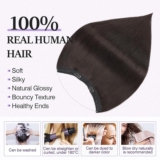 Halo Hair Extensions Real Human Hair,Halo Hair Extension 100% Human Hair, Wire Hair Extensions,Straight 1B Natural Black 12inch/55g