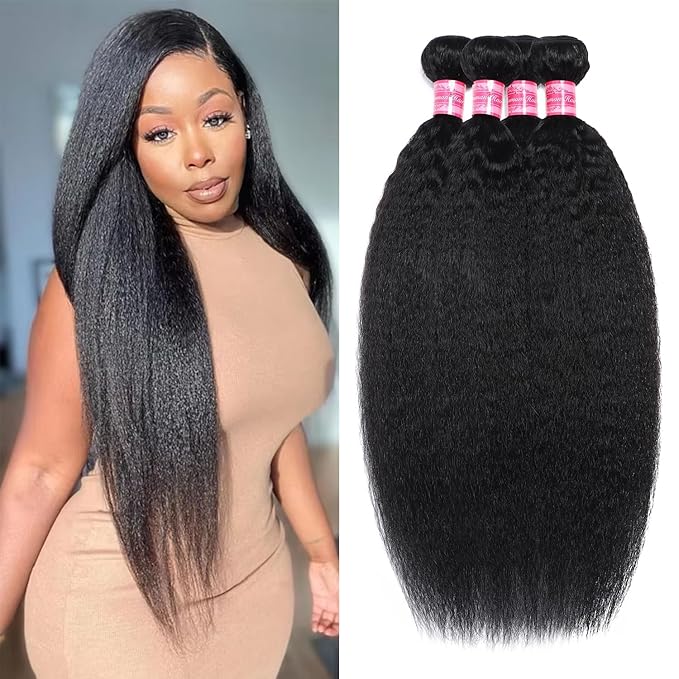 12A Kinky Straight Bundles Human Hair 24 26 28 30 Yaki Straight Real Human Hair 100% Unprocessed Hair 4 Bundles Deals Kinkycurly Human Hair Extensions Quick Weave Natural Black