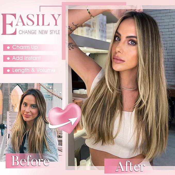 Clip in Hair Extensions Long Straight Hairpieces 22 Inch 4PCS Ultra-thin and breathable Hairpieces Fiber Double Weft Hair for women Balayage Chocolate Brown to Caramel Blonde Color