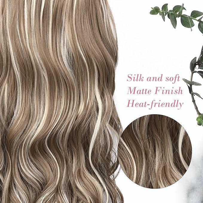 REECHO Clip in hair extensions, 20" Curly Wavy Synthetic HE008 Hairpieces for Women - Ash Brown with Platium Highlights