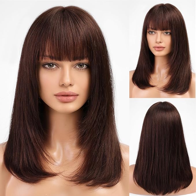 KKU 16 Inch Dark Brown Human Hair Wigs for Women,Layered Straight Hair Wig with Bangs,Wear Natural Realism