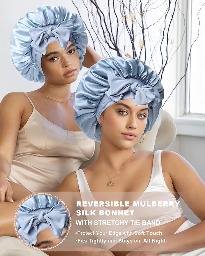 Mulberry Silk Bonnet Sleeping Women Curly Hair Bonnets Tie Band Double Layer Reversible Sleep Bonnet Silk Hair Wrap Sleep Cap