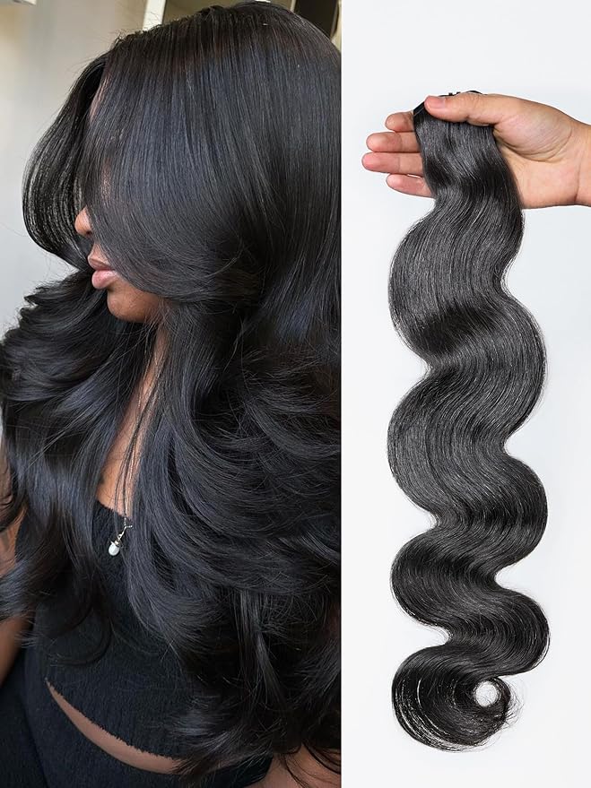 LUVME Body Wave Seamless 110g 7Pcs Clip in Hair Extensions Full Max with 18inch Remy Human Hair Extensions, Natural Black 100% Real Soft Hair
