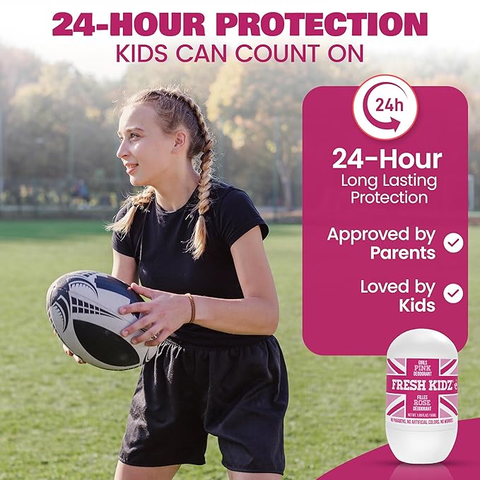 Fresh Kidz Roll On Deodorant for Kids and Teens - Baking Soda and Aluminum-free 24 Hour Protection for Sensitive Skin - Girls "Pink" 1.86 fl.oz. (2 Pack)