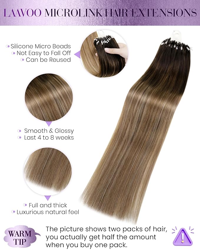 LaaVoo Micro Link Hair Extensions Human Hair Ombre Darkest Brown to Medium Brown Microlinks Hair Extensions Human Hair 24in 50g/50strands