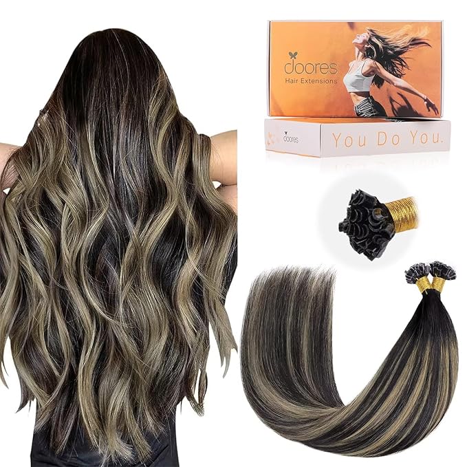 DOORES Utip Hair Extensions Human Hair, Natural Black to Light Blonde 18 Inch 50g/50s, K Tip Hair Extensions Real Human Hair