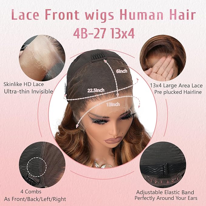 13x4 Full Lace Fronatal Wig Skinlike HD Lace Wig 4/27 Highlight Honey Blond Body Wave Lace Front Wigs Pre Plucked Tiny Knots with Baby Hair 200% Density for Women Body Wave Colored Wig