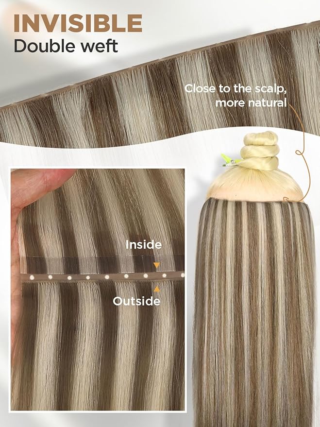 Twin Tab Butterfly Genius Weft Human Hair Extensions Latest Double Invisible Real 100% Remy Human Hair OVO Weft with Micro Bead Simulated Scalp Hair Extensions 100g 7ps 18 Inch 9A/60