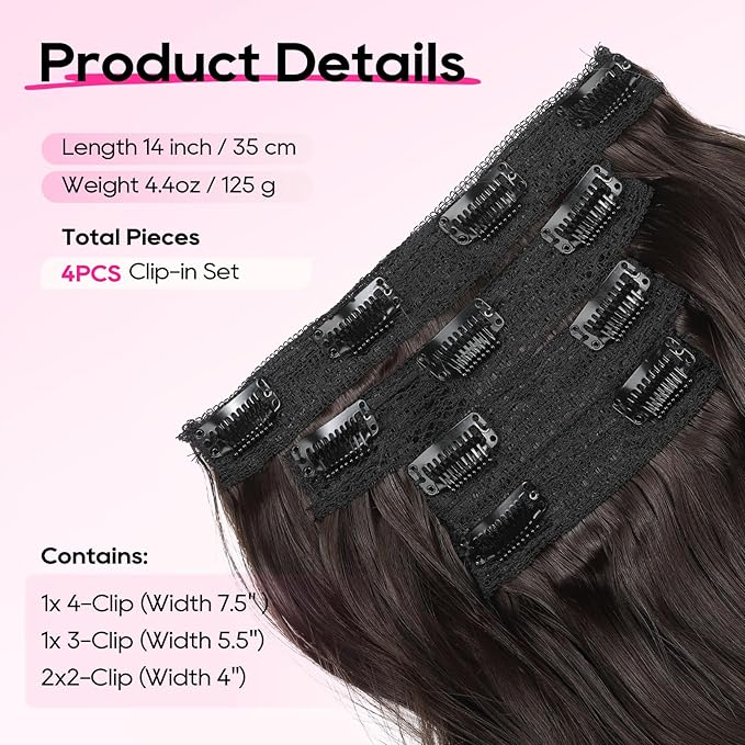 REECHO Clip in Hair Extensions - 14" Short Beach Wavy Hairpieces - Invisible Lace Weft - Natural Soft - Dark Brown