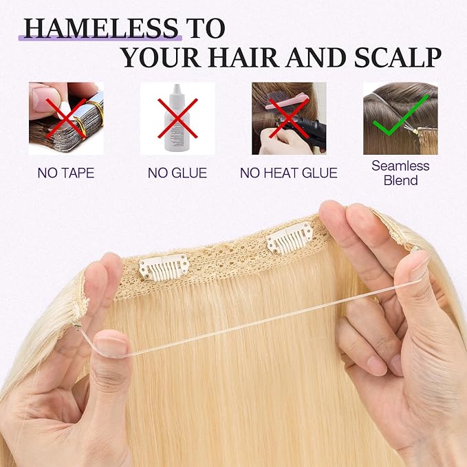 Halo Hair Extensions Real Human Hair,Halo Hair Extension 100% Human Hair,Wire Hair Extensions,Thicker 60 Platinum Blonde 12inch/65g