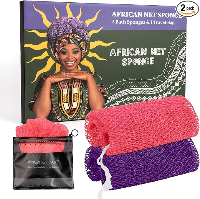 African Net Sponge Authentic with Handles (Set of 2), African Exfoliating Net Sponge, Exfoliating Body Scrubber Bath Sponge - Bathing Accessories with Storage Bag (Purple & Rose)
