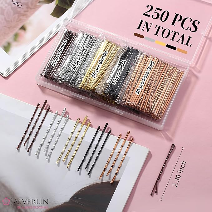 2.36" Large Bobby Pins for Women Thick Hair 250 Pcs, Jumbo Long Hair Pins Blonde Brown Black Sliver, Decorative Secure Hold Bulk Hairpins for Updo Bun Styling (6 cm)
