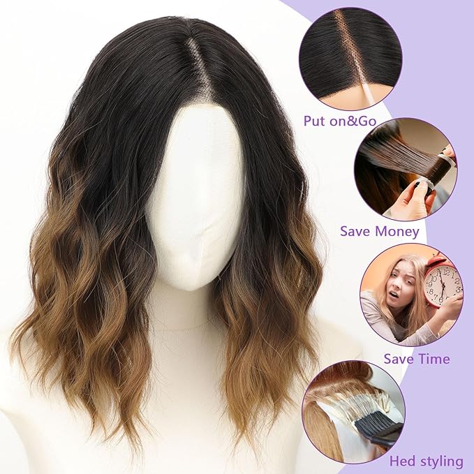 AISI HAIR 14 Inch Ombre Brown Wigs for Women - Shoulder Length Wave Wig with Pre-Cut Lace Hairline, Middle Part Natural Wavy Bob Synthetic Heat Resistant Fiber for Daily and Party