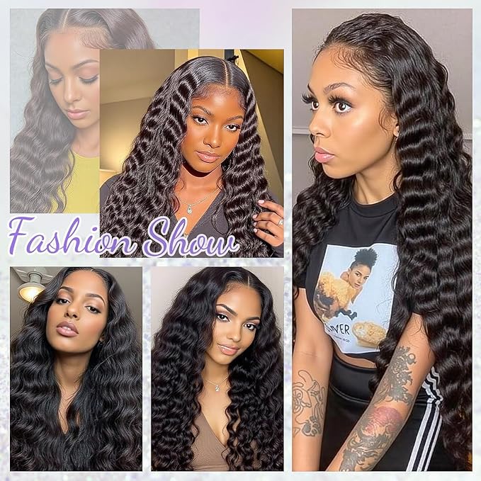 NESMON Deep Wave Wig 13x6 Real Skinlike HD Lace Front Wigs Human Hair Pre Plucked Bleached Knots 200 Density Deep Curly Wave Human Hair Wigs for Women Natural Black 26 Inch