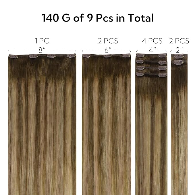 HOTBANANA Clip in Hair Extensions Real Human Hair, 150g 9pcs 24 inch Balayage Chocolate Brown to Caramel Blonde Straight Remy Clip in Extensions Full Head for Women